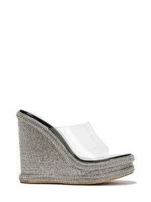 Women's  Clear Strap Rhinestone Coated Wedge - Platform Round Toe Clear, Metallic/Holo High Heel For Special Events - Black - View 3