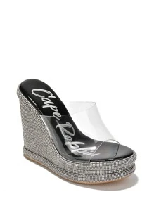 Women's  Clear Strap Rhinestone Coated Wedge - Platform Round Toe Clear, Metallic/Holo High Heel For Special Events - Black - View 2