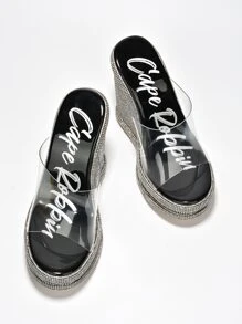Women's  Clear Strap Rhinestone Coated Wedge - Platform Round Toe Clear, Metallic/Holo High Heel For Special Events - Black - View 5