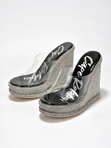 Women's  Clear Strap Rhinestone Coated Wedge - Platform Round Toe Clear, Metallic/Holo High Heel For Special Events - Black - View 4