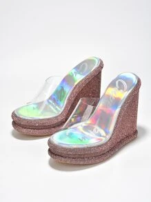 Women's  Clear Strap Rhinestone Coated Wedge - Platform Round Toe Clear, Metallic/Holo High Heel For Special Events - Silver - View 4