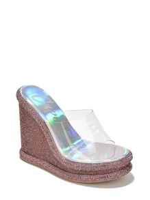 Women's  Clear Strap Rhinestone Coated Wedge - Platform Round Toe Clear, Metallic/Holo High Heel For Special Events - Silver - View 2