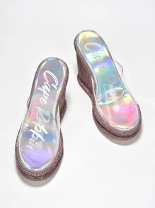 Women's  Clear Strap Rhinestone Coated Wedge - Platform Round Toe Clear, Metallic/Holo High Heel For Special Events - Silver - View 5