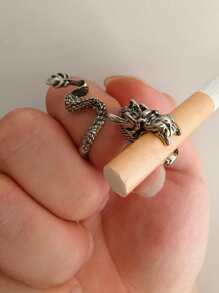 1入組流行龍形狀香煙嘴唇開口可調戒指男士抽煙管子戒指戒指獨特首飾類禮品 - 復古銀色 - 查看 2