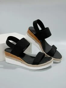 Giày sandal đế xuồng cao gót mùa hè mới, có quai thun và hở mũi, gót dày. - màu đen - Xem 3