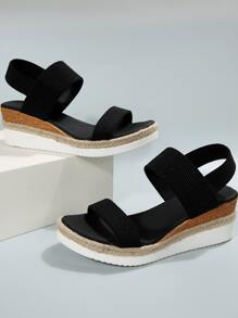 Giày sandal đế xuồng cao gót mùa hè mới, có quai thun và hở mũi, gót dày. - màu đen - Xem 4