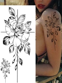 1pc Sketch Rose Flower Black And White Temporary Tattoo Sticker In Black - Black - View 1