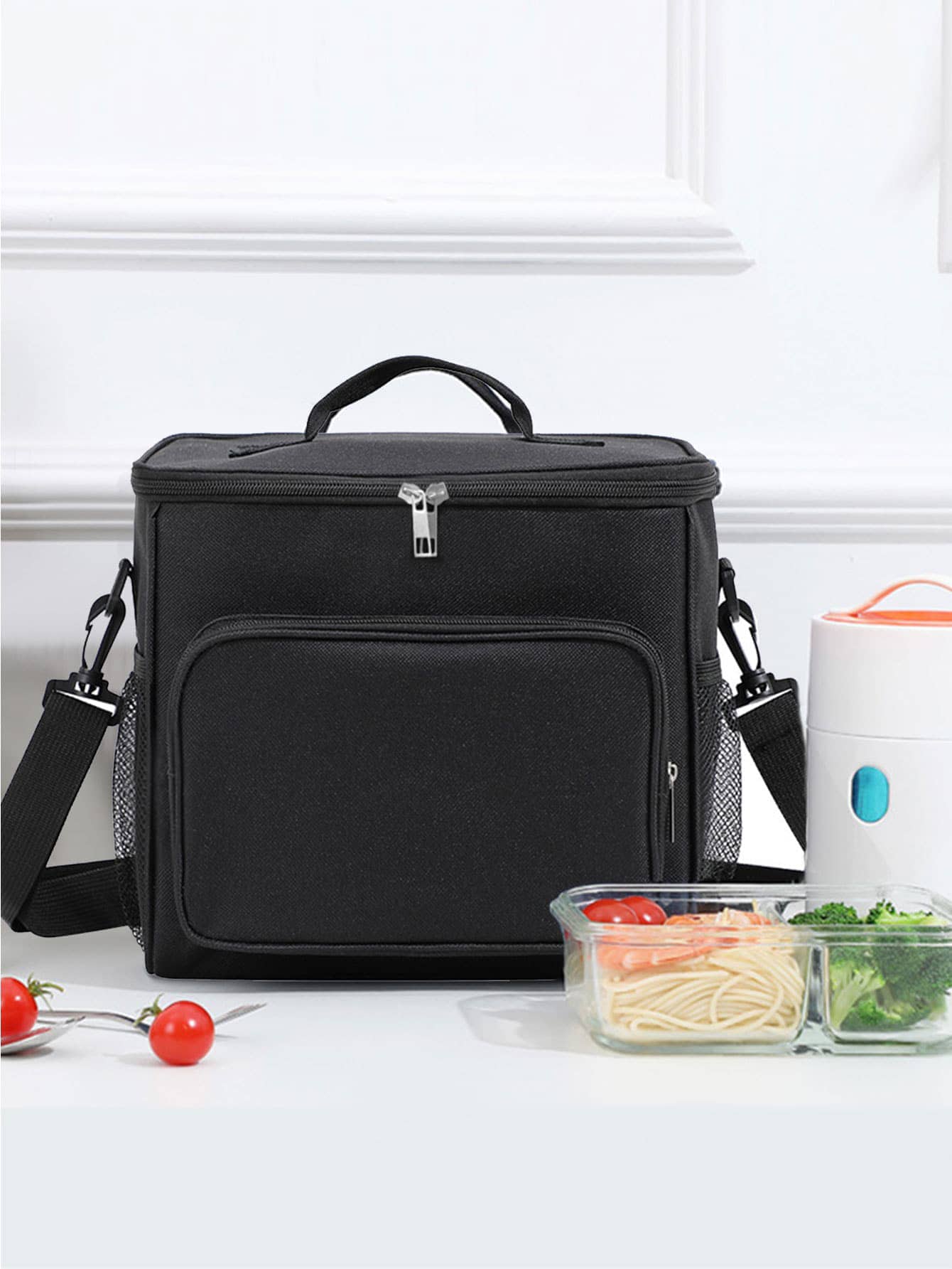 1pc Large Capacity Portable Insulated Lunch Bag With Square Ice Pack For Work - Black - View 1