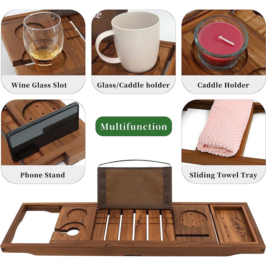 Teak Bathtub Tray, Expandable Wooden Bath Tray for Tub with Wine and Book Holder, Solid Bathroom