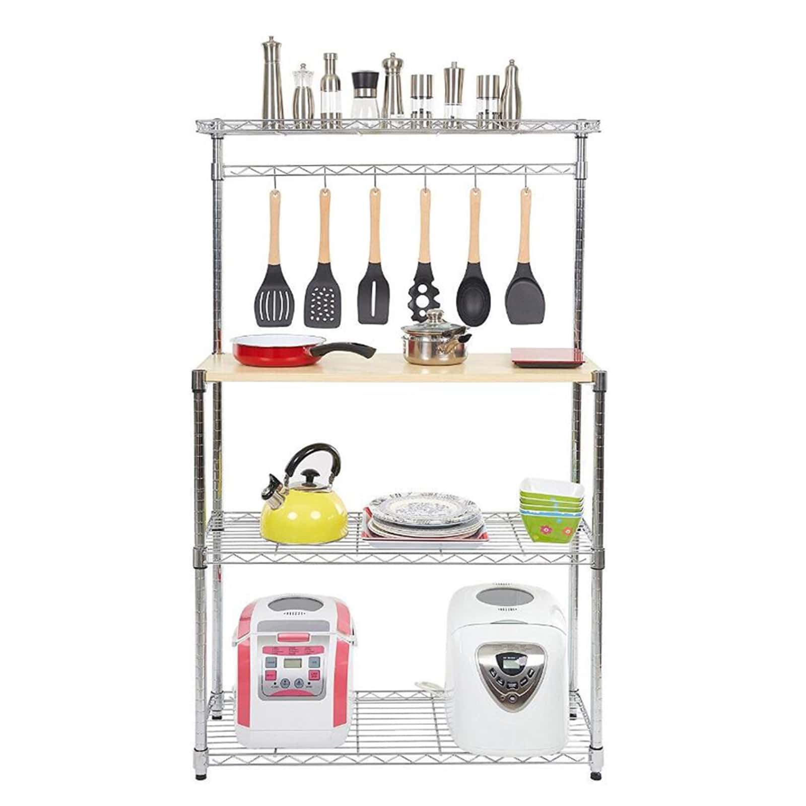 4-Tier Bakers Rack Kitchen Storage Shelf Metal Baker's Rack Organizer Stand Shelf Kitchen Microwave Cart Storage Countertop Dorm Microwave Stand Kitchen Storage Shelving with Cutting Board Microwave Shelf Hooks for Kitchen - Silver - View 1