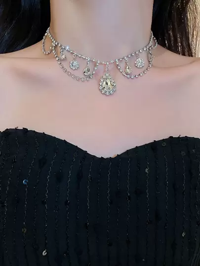 1pc Rhinestone Adorned Floral & Teardrop Shaped Fashionable Versatile Daily Accessory Necklace Elegant Party Valentine's Day Valentines