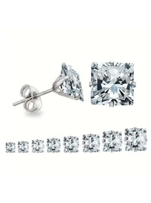 1pair Stainless Steel Square Cubic Zirconia Stud Earrings For Men And Women, Simple And Noble Design, Perfect Holiday Gift - Silver - View 1