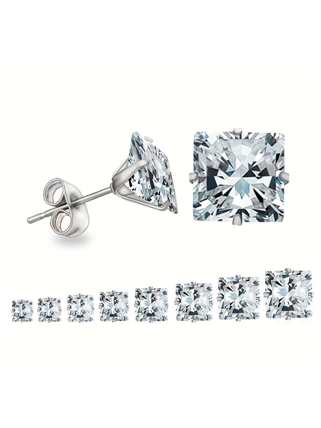 1pair Stainless Steel Square Cubic Zirconia Stud Earrings For Men And Women, Simple And Noble Design, Perfect Holiday Gift - Silver - View 1