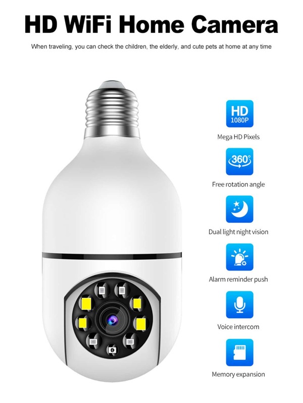 One Indoor Bulb E27 Security Camera, 355 Degree Pan/Tilt Panoramic IP Camera, 2.4GHz &5Ghz WiFi 1080P Smart Home Surveillance Camera With Motion Detection Alarm Color Night Vision Two-Way Talk-SENTKENG CAMERA--APP ICAM 365