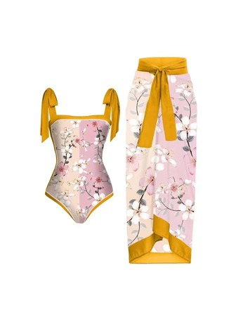 2pcs Floral Print Tie Shoulder One Piece Swimsuit With Beach Skirt Summer