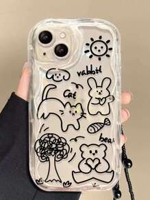 苹果手机挂件卡通猫和兔子印花手机壳带挂绳适用于 iPhone 15/15Pro/15Plus/15Promax - 彩色 - 查看 3