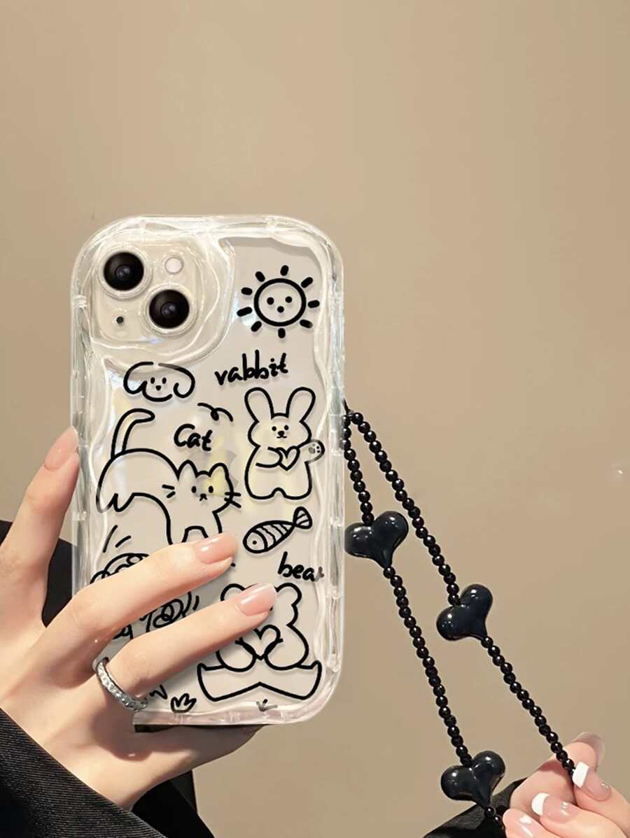 苹果手机挂件卡通猫和兔子印花手机壳带挂绳适用于 iPhone 15/15Pro/15Plus/15Promax - 彩色 - 查看 1