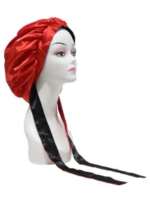 1pc Double-layered Color Block Wig Sleep Cap With Long Tie Headwrap Knit Beanie