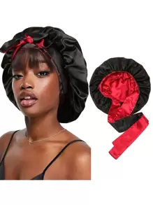 1pc Double-layered Color Block Wig Sleep Cap With Long Tie Headwrap Knit Beanie