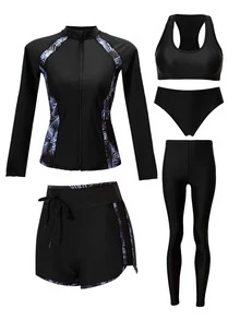 女士长袖长裤运动比基尼 5 件套包括分体泳衣、沙滩装、保守冲浪服，适合夏季瘦身