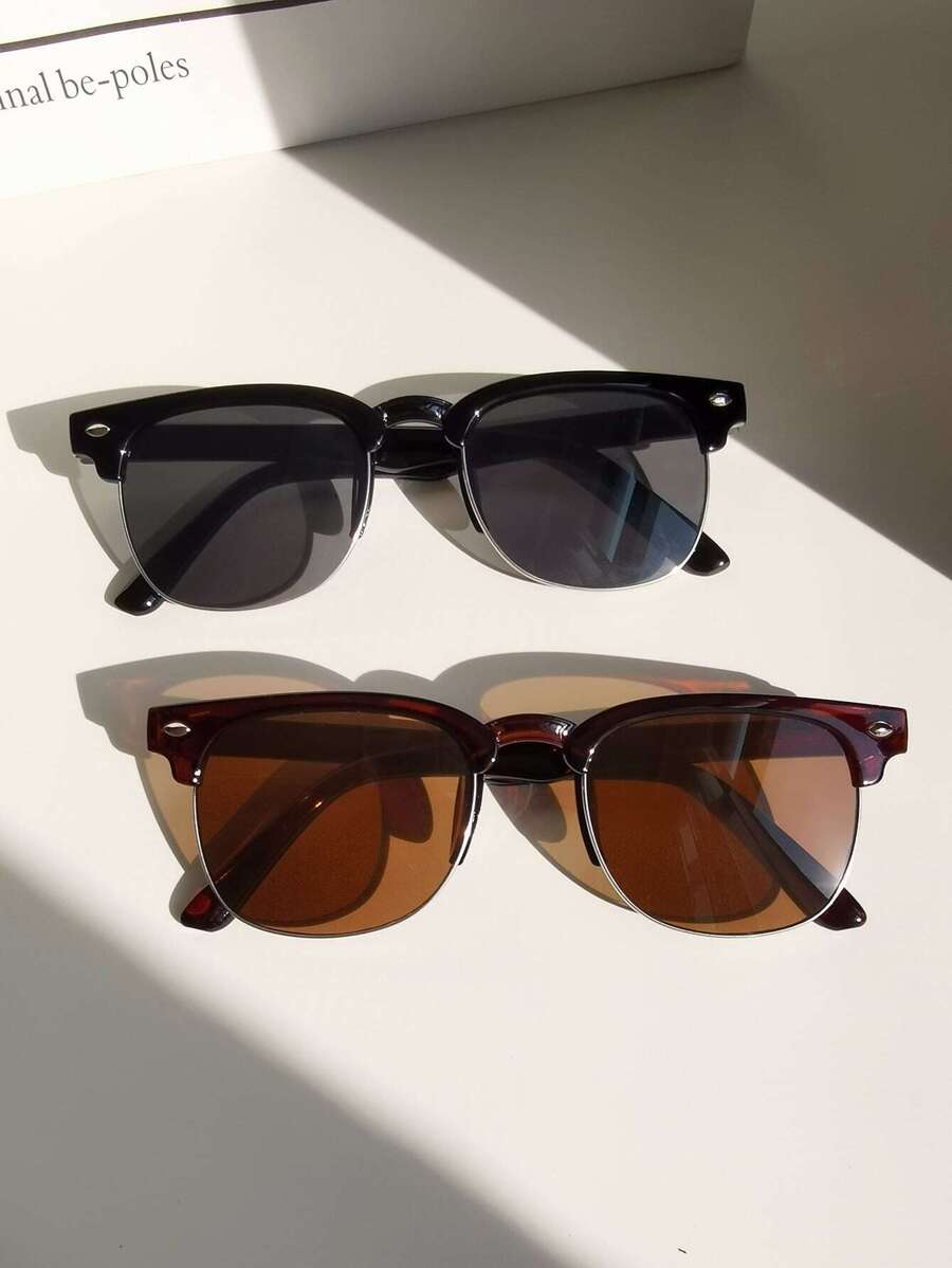 2副男士复古半框方形黑色时尚眼镜 - 彩色 - 查看 1