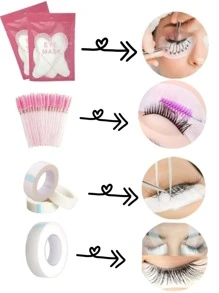 Kit Com 4 Ítens Para Extensão De Cílios {pads com 10 pares, escovinha, fita micropore e fita transpore} (OBS: Pode ter alteração de cores e embalagem, mas o produto permanece o mesmo) - Multicolorido - Visão 2