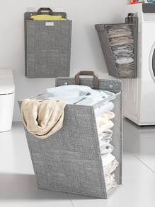 1pc Simplistic & Large Capacity Wall-mount Dirty Clothes Baskets, Foldable Breathable Mesh Cloth Side Design Laundry Hamper For Home, With Cover & Handle Multipurpose Closet Organizer - Grey - View 1