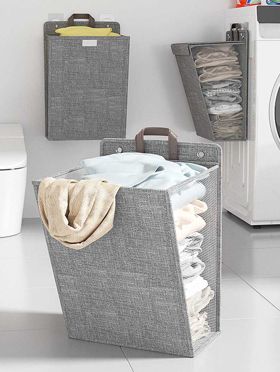 1pc Simplistic & Large Capacity Wall-mount Dirty Clothes Baskets, Foldable Breathable Mesh Cloth Side Design Laundry Hamper For Home, With Cover & Handle Multipurpose Closet Organizer - Grey - View 1