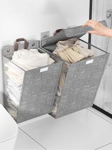 1pc Simplistic & Large Capacity Wall-mount Dirty Clothes Baskets, Foldable Breathable Mesh Cloth Side Design Laundry Hamper For Home, With Cover & Handle Multipurpose Closet Organizer - Grey - View 3