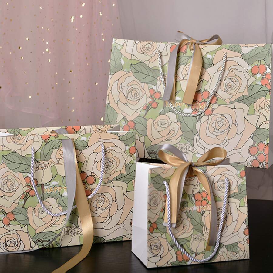 1入桃紅底氣泡花紋禮品袋，適用於日常家居使用、母親節禮品袋、帶有緞帶的糖果和包裝禮品袋、衣服收納袋、INS手提袋 - 金色 - 查看 1