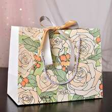 1入桃紅底氣泡花紋禮品袋，適用於日常家居使用、母親節禮品袋、帶有緞帶的糖果和包裝禮品袋、衣服收納袋、INS手提袋 - 金色 - 查看 4