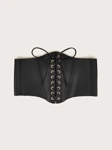 Lace-up Decorated Pu Waist Belt - Black - View 1