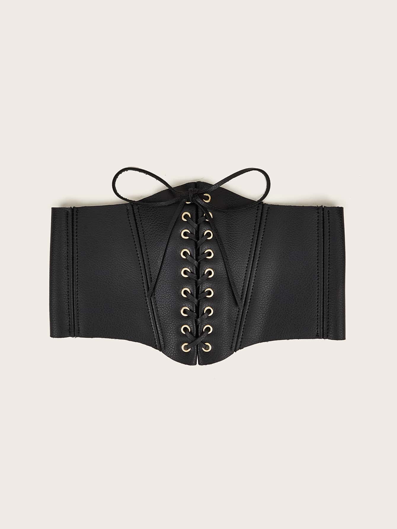 Lace-up Decorated Pu Waist Belt - Black - View 1