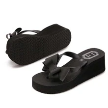 新款女式蝴蝶結坡跟人字拖，厚底 Eva 拖鞋 - 黑色 - 查看 4