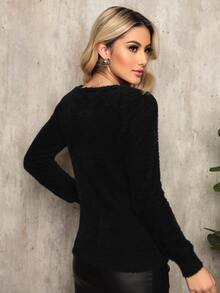 blusa feminina de frio manga longa em pelinho - Preto - Visão 2