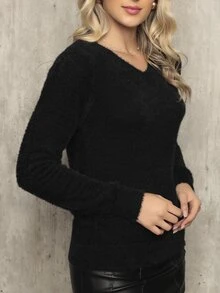 blusa feminina de frio manga longa em pelinho - Preto - Visão 4