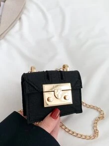 Mini geantă crossbody la modă cu clapă, cu curea metalică din lanț - Negru - Vizualizare 1