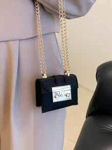 Mini geantă crossbody la modă cu clapă, cu curea metalică din lanț - Negru - Vizualizare 3