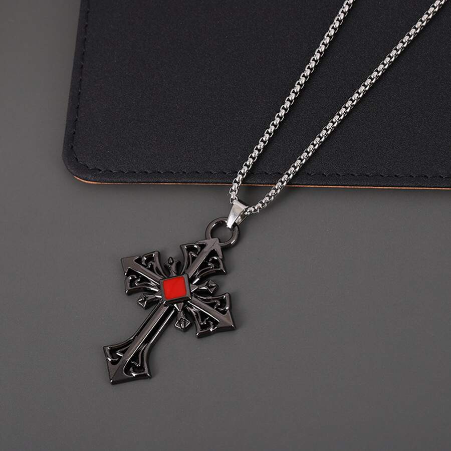 1pc Vintage Cross Pendant Cool And Personalized Accessory Necklace - 銀色 - 查看 1