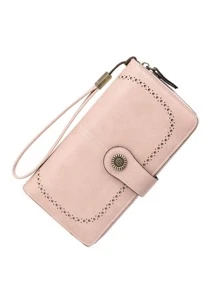 CHARM INFINITE 安全 RFID 屏蔽 - 大容量复古硬币带拉链和腕带 - 多卡槽手拿包卡夹 Rfid 防盗多功能三折女士礼物礼物热粉色女士钱包钱包长钱包腕带钱包 - 粉色 - 查看 5