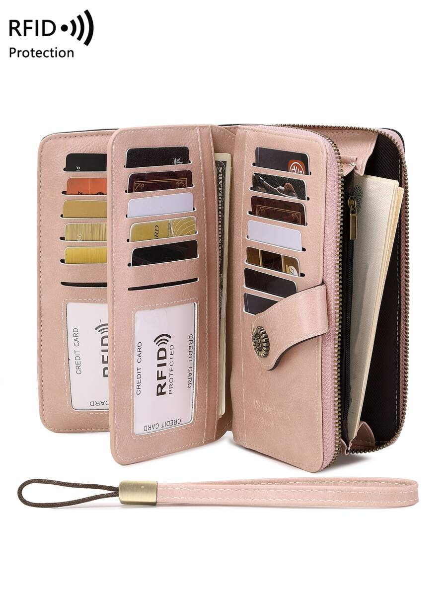 CHARM INFINITE 安全 RFID 屏蔽 - 大容量复古硬币带拉链和腕带 - 多卡槽手拿包卡夹 Rfid 防盗多功能三折女士礼物礼物热粉色女士钱包钱包长钱包腕带钱包