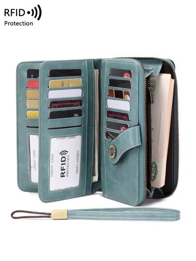 CHARM INFINITE 安全 RFID 屏蔽 - 大容量复古硬币带拉链和腕带 - 多卡槽手拿包卡夹 Rfid 屏蔽多功能三折女士礼物女士礼物钱包钱包长钱包腕带钱包