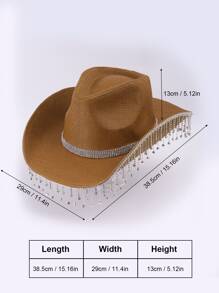 1pc Cowgirl Hat With Rhinestones & Tassels, Light Brown, For Party & Stage Performance - Chocolate Brown - View 5