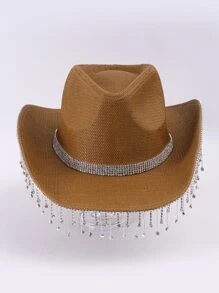 1pc Cowgirl Hat With Rhinestones & Tassels, Light Brown, For Party & Stage Performance - Chocolate Brown - View 4