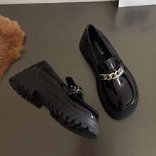 女性黑色樂福鞋帶厚鞋底,英倫風情鏈條細節,春季/秋季復古JK鞋 - 黑色 - 查看 2