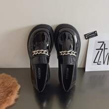 女性黑色樂福鞋帶厚鞋底,英倫風情鏈條細節,春季/秋季復古JK鞋 - 黑色 - 查看 3