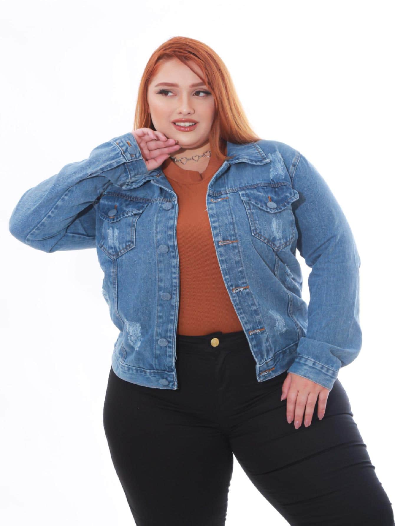 Jaqueta Jeans Plus Size com Puídos | SHEIN Brasil