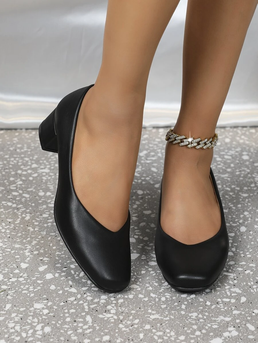 Women Square Toe Low-Cut Comfortable Chunky Heel Soft Bottom Work Shoes - Black - View 1