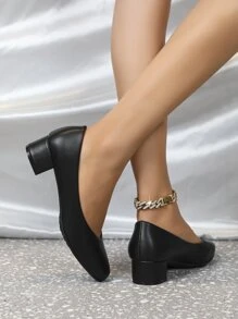 Women Square Toe Low-Cut Comfortable Chunky Heel Soft Bottom Work Shoes - Black - View 7