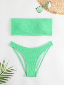 素色打褶比基尼泳裝 - 綠色 - 查看 1